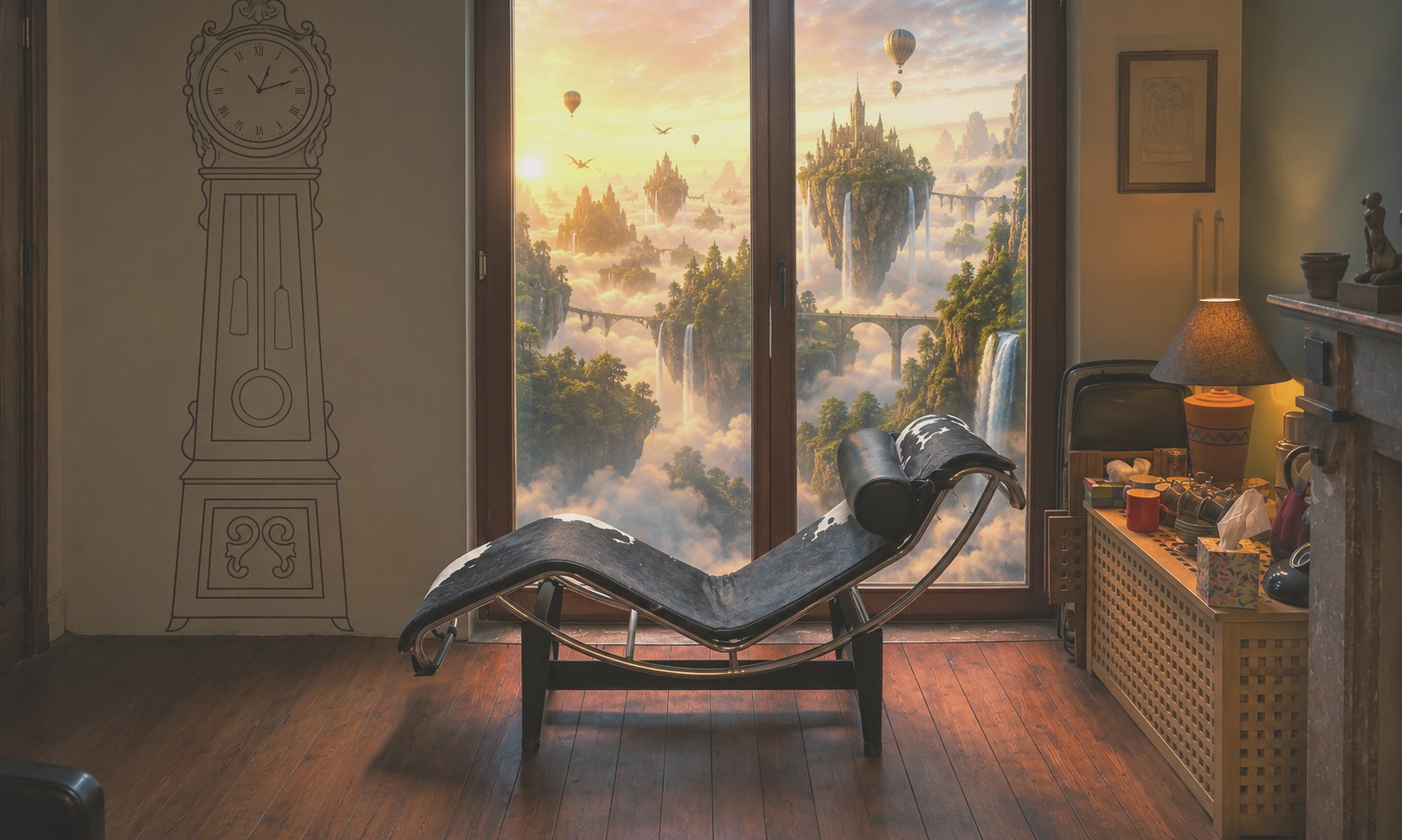 Cabinet avec porte vitrée ouverte sur un paysage imaginaire